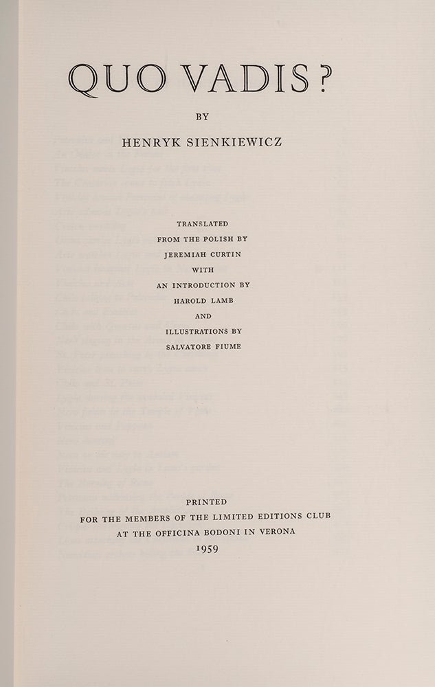 Quo Vadis by Henryk SIENKIEWICZ, Salvatore FIUME, Jeremiah CURTIN, OFFICINA  BODONI on David Brass Rare Books