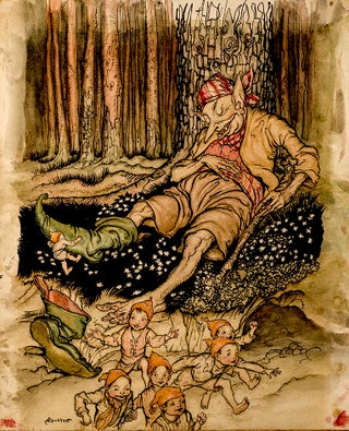 "Hop-o'-my-thumb went up to the Ogre softly and pulled off his seven-league boots". Arthur RACKHAM, artist.