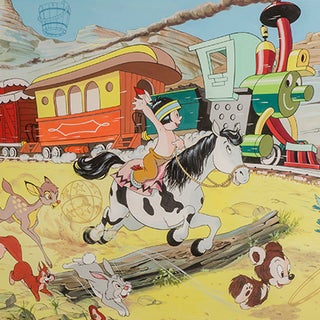 Double spread cover for Walt Disney's Disneyland comic series No. 47. January 15th [1972]. [Hiawatha Racing Casey Junior to the Railroad Station]