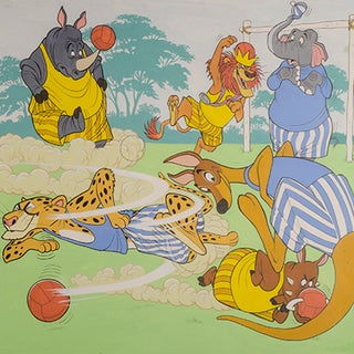 Double spread cover for Walt Disney's Disneyland comic series No. 17 January 1st [1972]. [The True Blues and The Dirty Yellows Playing Silly Soccer]