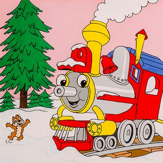 Christmas gifts being carried by Choo Choo Train in the snow
