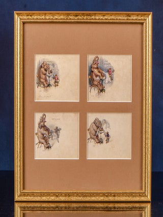 Four original pen, ink and watercolor drawings of an elephant at the Great Royal Hotel