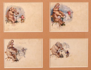 Four original pen, ink and watercolor drawings of an elephant at the Great Royal Hotel