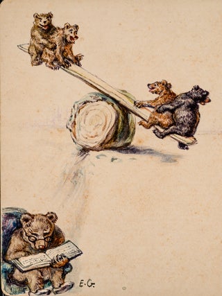 Item #04720 Three original pen, ink and watercolor drawings of a Mother Bear and her four cubs...