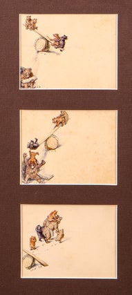 Three original pen, ink and watercolor drawings of a Mother Bear and her four cubs playing on a see-saw