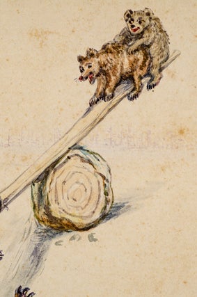 Three original pen, ink and watercolor drawings of a Mother Bear and her four cubs playing on a see-saw