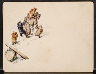 Three original pen, ink and watercolor drawings of a Mother Bear and her four cubs playing on a see-saw