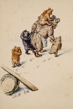 Three original pen, ink and watercolor drawings of a Mother Bear and her four cubs playing on a see-saw
