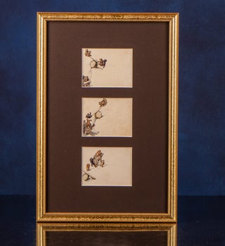 Three original pen, ink and watercolor drawings of a Mother Bear and her four cubs playing on a see-saw