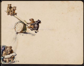 Three original pen, ink and watercolor drawings of a Mother Bear and her four cubs playing on a see-saw