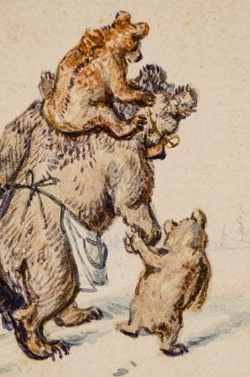 Three original pen, ink and watercolor drawings of a Mother Bear and her four cubs playing on a see-saw
