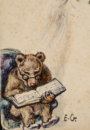 Three original pen, ink and watercolor drawings of a Mother Bear and her four cubs playing on a see-saw