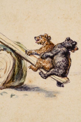 Three original pen, ink and watercolor drawings of a Mother Bear and her four cubs playing on a see-saw