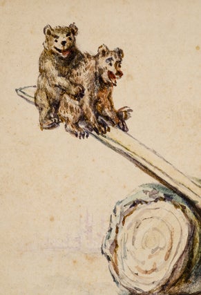 Three original pen, ink and watercolor drawings of a Mother Bear and her four cubs playing on a see-saw