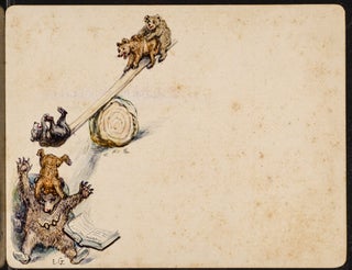 Three original pen, ink and watercolor drawings of a Mother Bear and her four cubs playing on a see-saw