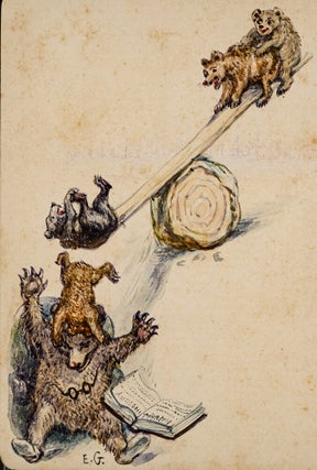 Three original pen, ink and watercolor drawings of a Mother Bear and her four cubs playing on a see-saw