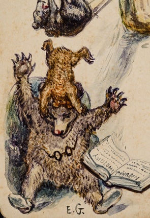 Three original pen, ink and watercolor drawings of a Mother Bear and her four cubs playing on a see-saw