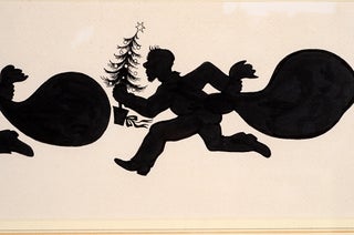An original black and white silhouette drawing from "Christmas 1993 or Santa's Last Ride."