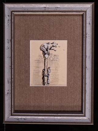 Item #04949 Original pen, ink and wash drawing of Two Bears climbing up a pole and being watched...
