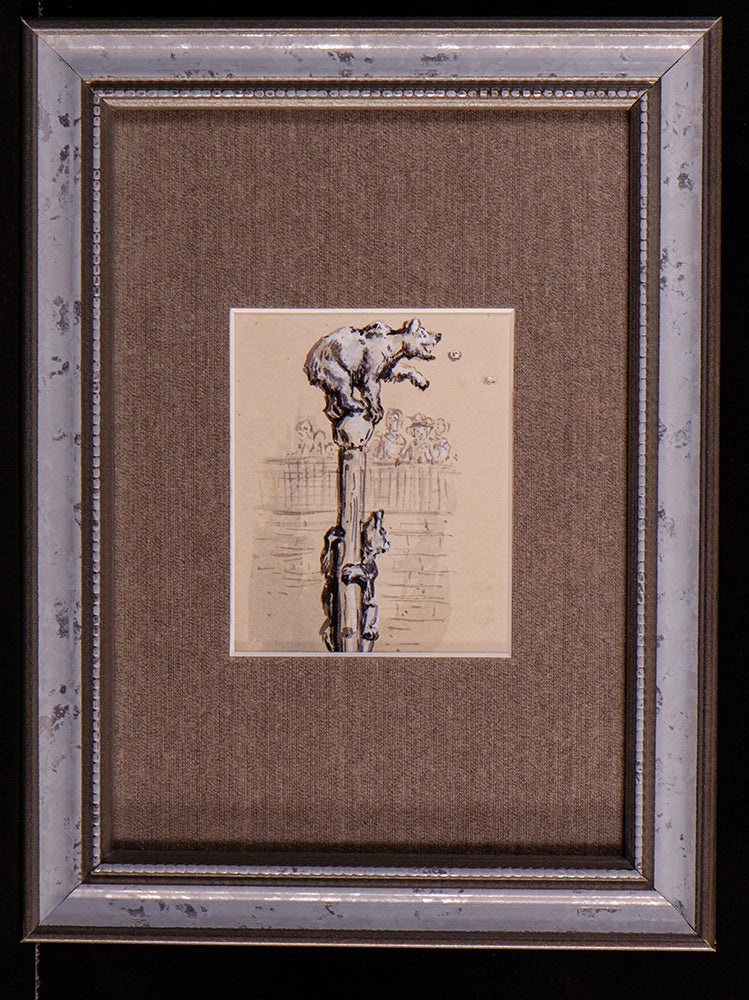 Item #04949 Original pen, ink and wash drawing of Two Bears climbing up a pole and being watched by a crowd…. Ernest GRISET.