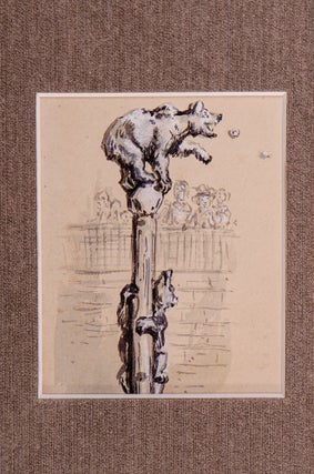 Original pen, ink and wash drawing of Two Bears climbing up a pole and being watched by a crowd…