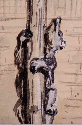 Original pen, ink and wash drawing of Two Bears climbing up a pole and being watched by a crowd…