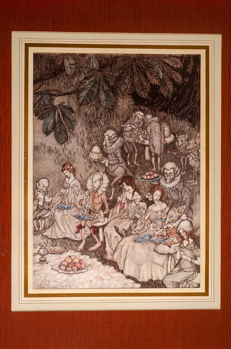 RACKHAM, Arthur, illustrator; BARRIE, J.M. - The Fairies Sit Round on Mushrooms, and at First They Are Well Behaved