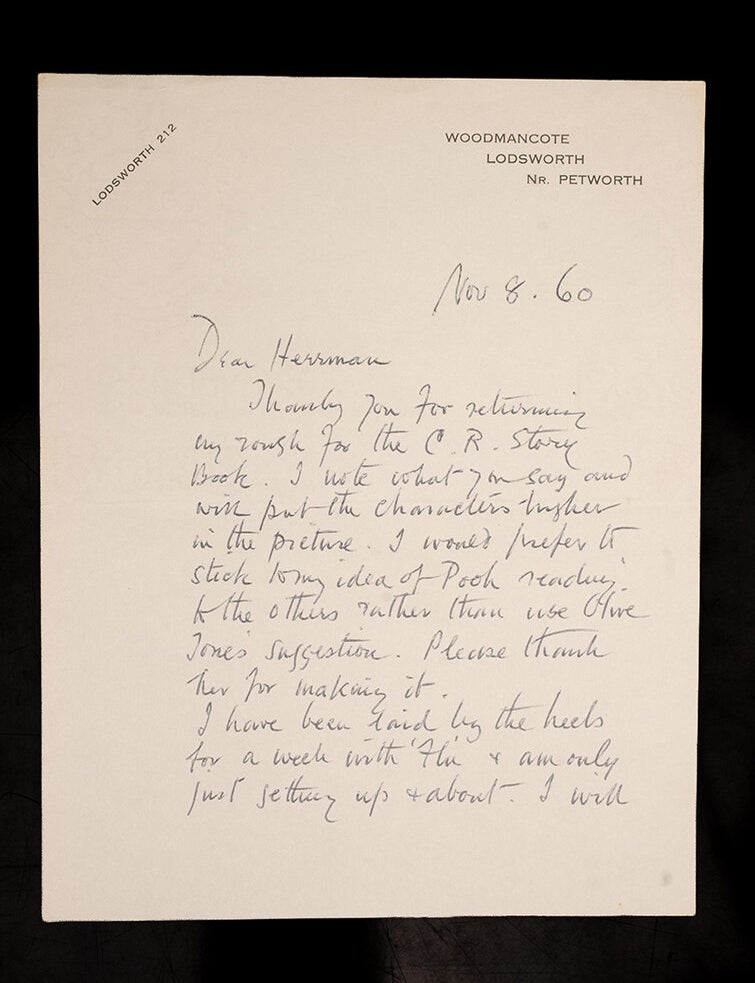 Item #06747 Autograph Letter Signed ("Ernest Shepard"), Woodmancote, Lodsworth, Near Petworth, 8 November 1960. Ernest H. SHEPARD.