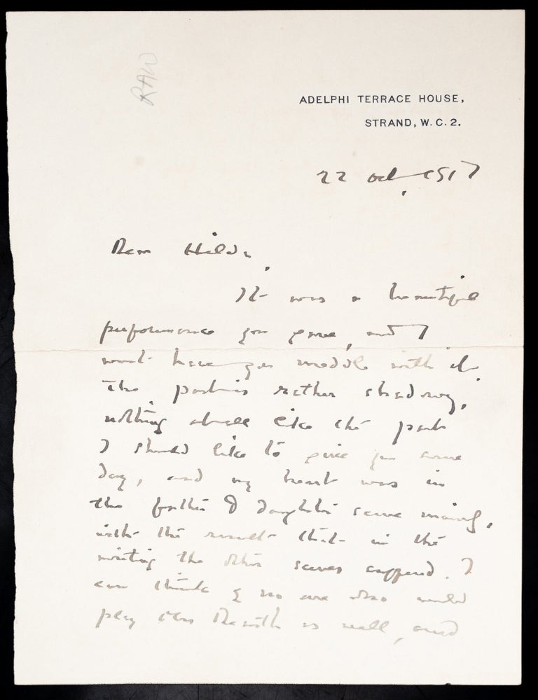 Item #06837 Autograph letter signed,&nbsp;&ldquo;J. M. Barrie,&rdquo;&nbsp;to&nbsp;Hilda Trevelyan, the actress who created the role of Wendy Darling in the original 1904 production of&nbsp;Peter Pan. J. M BARRIE.